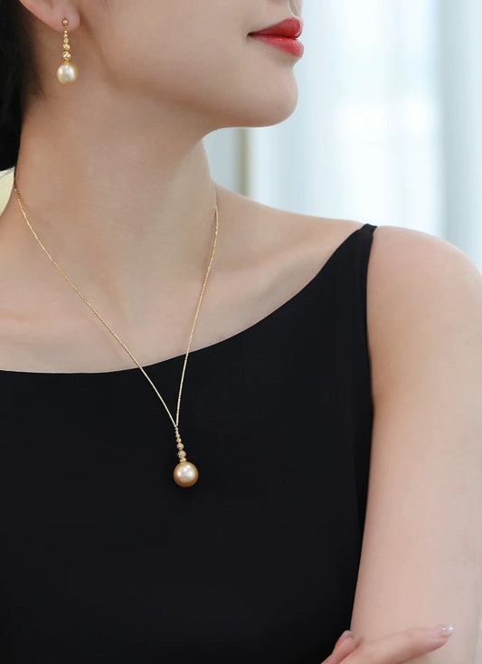 “Libre” Seawater Cultured South Sea Golden Pearl Pendant Intensely Rich Golden Hue 18K Gold 12 - 13mm
