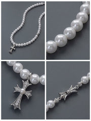 Gothic Chrome Hearts Style Pearl Necklace Distressed Silver Cross & Satin Bow Contrast Design