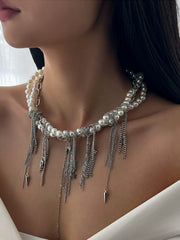 Chic Multi-Layer Pearl and Metal Chain Pearl Necklace Ornate Pearl Fringe Choker