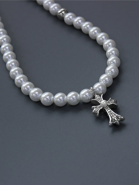 Gothic Chrome Hearts Style Pearl Necklace Distressed Silver Cross & Satin Bow Contrast Design