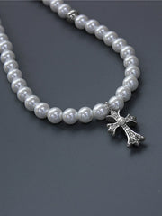 Gothic Chrome Hearts Style Pearl Necklace Distressed Silver Cross & Satin Bow Contrast Design