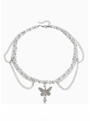 Vintage Elegant Pearl and Chain Necklace Pearl and Metal Chain Multi-Layer Chain Design