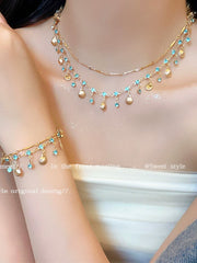 “Sea's daughter“ Mermaid-Inspired Blue Seashell & Mini Blue Diamond Necklace & Bracelet For Beach Vacations