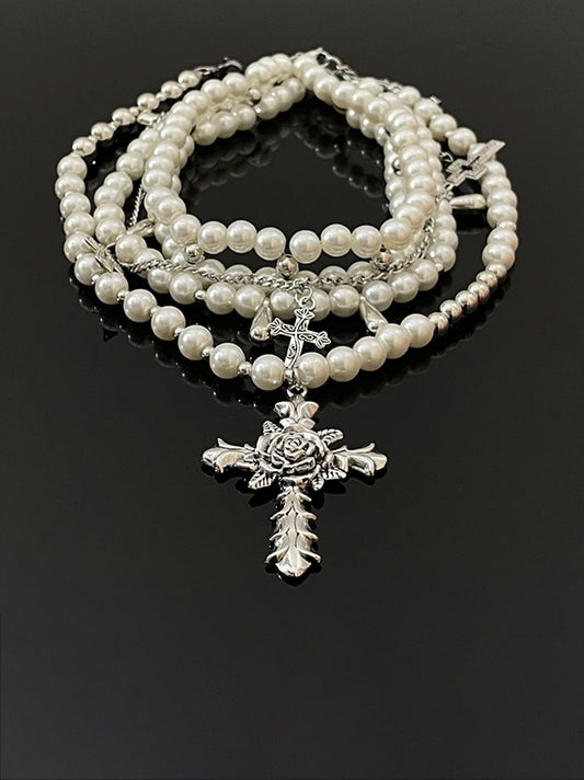 Vintage Pearl Cross Necklace Multilayer Pearl Cross