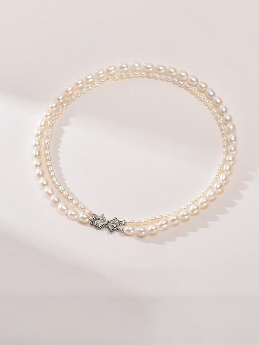 Rice Shaped Double-layer Freshwater Pearl Necklace Small Fragrance Style Necklace Fashionable Jewelry Gift for Girlfriend