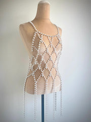 Round Dance Pearl Skirt Body Chain Pearl Chain Metal Vest Stage Dance Birthday Dress