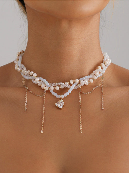 Elegant Pearl Choker Necklace Gold Chain Accents Gold Chain Fringe