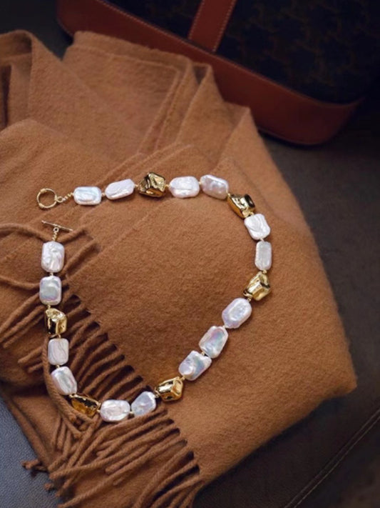 Elegant Baroque Pearl and Gold Accent Pearl Necklace Square Baroque