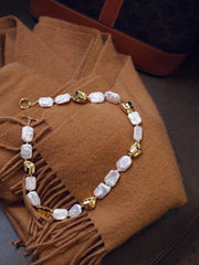 Elegant Baroque Pearl and Gold Accent Pearl Necklace Square Baroque