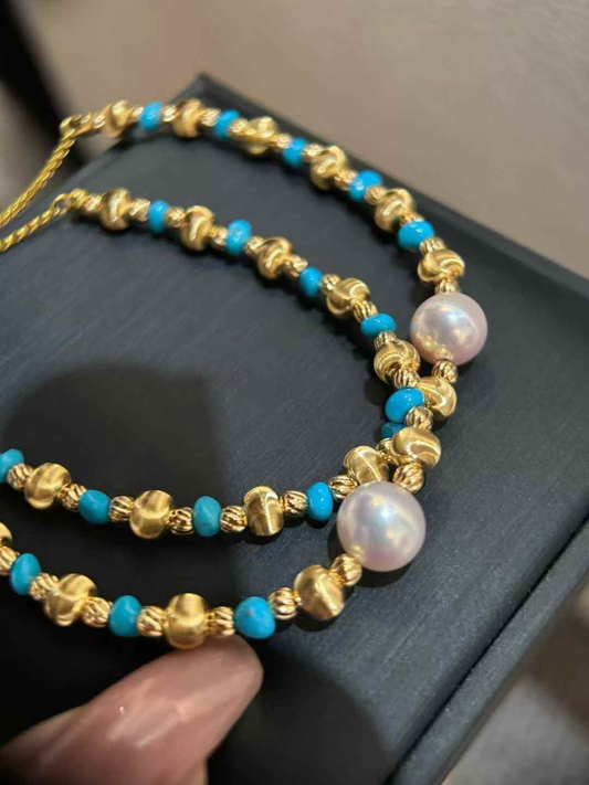 Freshwater Cultured Pearls Bracelet  Cat's-eye Golden Balls with Natural Beautiful Turquoise Perfectly Round & Flawless, 8 - 8.5mm