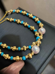 Freshwater Cultured Pearls Bracelet  Cat's-eye Golden Balls with Natural Beautiful Turquoise Perfectly Round & Flawless, 8 - 8.5mm
