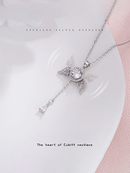 Cupid's Heart Necklace with Fluttering Wings & Sparkling Diamonds S925 Silver
