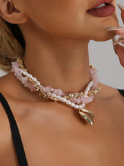Chic Multi-Strand Beaded Necklace with Gold Heart Pendant Romantic Pink and White Beaded