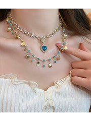 Blue Heart & Shell Pendant Necklace with Mini Aqua Cubic Zirconia Stones