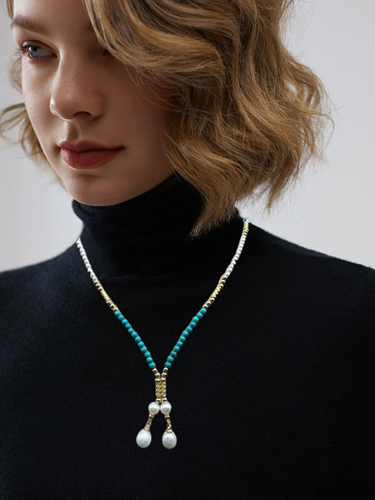 Kalung Mutiara Italia dengan Hiasan Magnetik Pirus Berfungsi Ganda Sebagai Gelang & Kalung 3 - 4mm