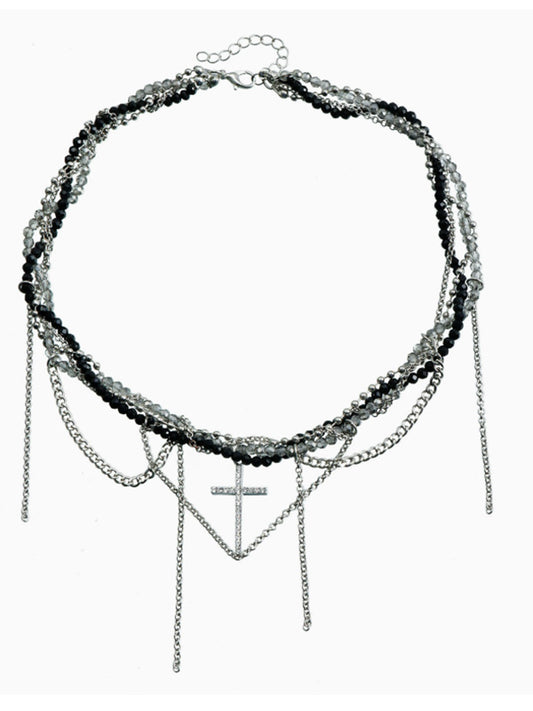 Cool Cross Multi-Layer Necklace Black and Silver Interwoven Chain Necklace
