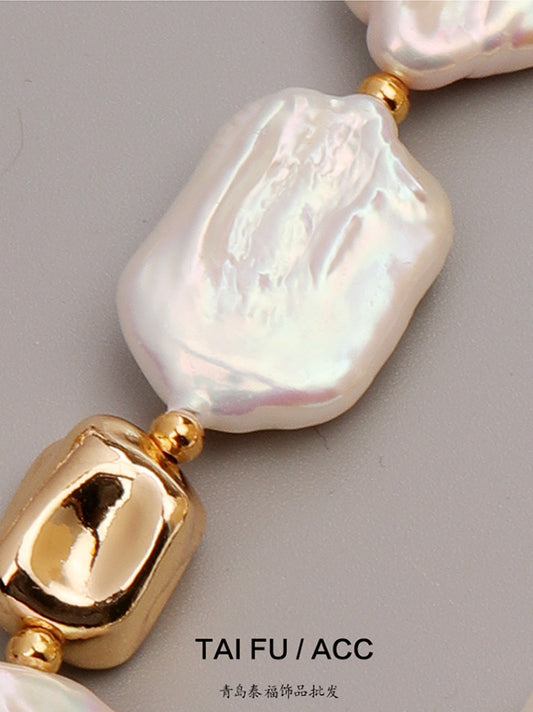 Elegant Baroque Pearl and Gold Accent Pearl Necklace Square Baroque