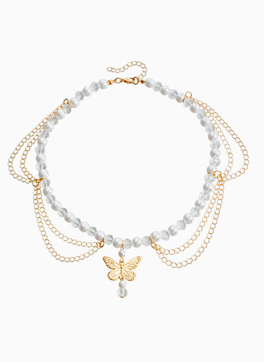 Vintage Elegant Pearl and Chain Necklace Pearl and Metal Chain Multi-Layer Chain Design