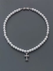 Gothic Chrome Hearts Style Pearl Necklace Distressed Silver Cross & Satin Bow Contrast Design