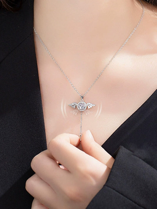 Cupid's Heart Necklace with Fluttering Wings & Sparkling Diamonds S925 Silver