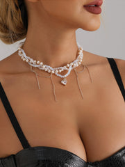 Elegant Pearl Choker Necklace Gold Chain Accents Gold Chain Fringe