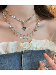 Blue Heart & Shell Pendant Necklace with Mini Aqua Cubic Zirconia Stones