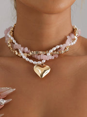 Chic Multi-Strand Beaded Necklace with Gold Heart Pendant Romantic Pink and White Beaded