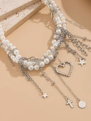 Chic Multi-Layer Pearl and Metal Chain Pearl Necklace Ornate Pearl Fringe Choker