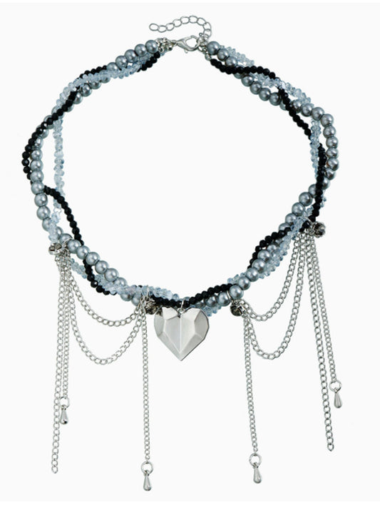 Hip- Hop Style Layered Blue Bead and Chain Metal Necklace Heavy Industry