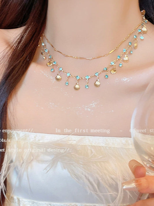 “Sea's daughter“ Mermaid-Inspired Blue Seashell & Mini Blue Diamond Necklace & Bracelet For Beach Vacations