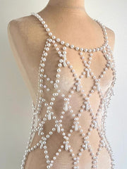 Round Dance Pearl Skirt Body Chain Pearl Chain Metal Vest Stage Dance Birthday Dress