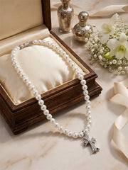 Gothic Chrome Hearts Style Pearl Necklace Distressed Silver Cross & Satin Bow Contrast Design