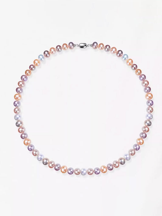 Color Freshwater Pearl Necklace S925 Silver Candy Mixed Color Bead Chain Natural Pearl Clavicle Necklace Women 7-8mm