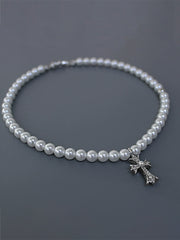 Gothic Chrome Hearts Style Pearl Necklace Distressed Silver Cross & Satin Bow Contrast Design
