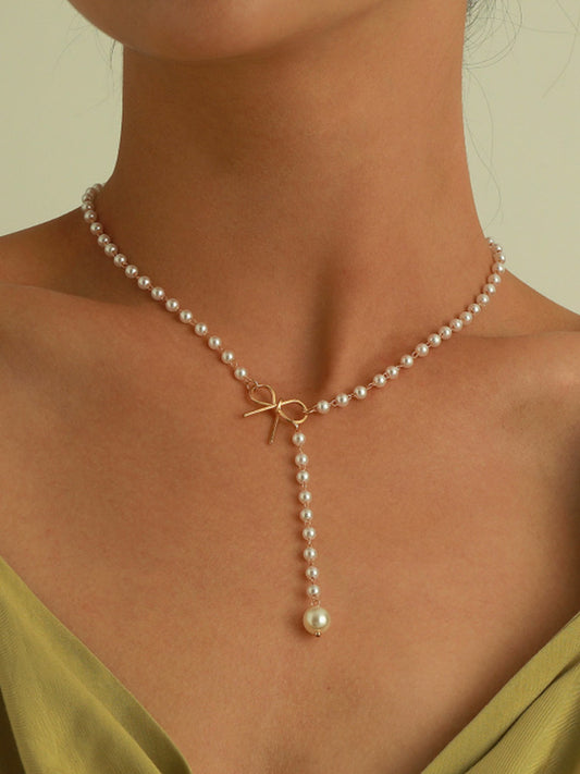 Victorian Revival Necklace Pavé Butterfly Bow with Pearl Strand Layering