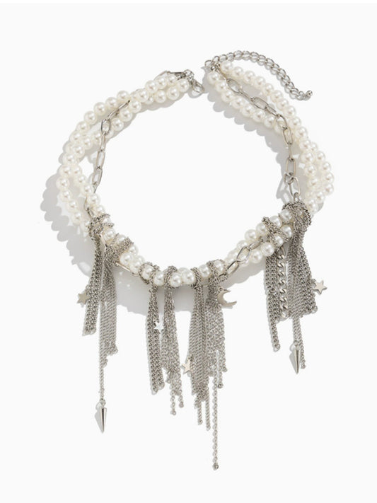 Chic Multi-Layer Pearl and Metal Chain Pearl Necklace Ornate Pearl Fringe Choker