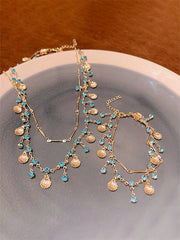 “Sea's daughter“ Mermaid-Inspired Blue Seashell & Mini Blue Diamond Necklace & Bracelet For Beach Vacations
