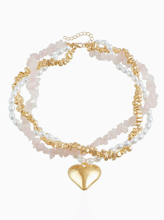 Chic Multi-Strand Beaded Necklace with Gold Heart Pendant Romantic Pink and White Beaded