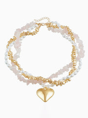 Chic Multi-Strand Beaded Necklace with Gold Heart Pendant Romantic Pink and White Beaded