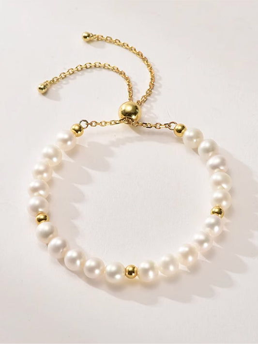 Freshwater Cultured Pearl Bracelet Near Circular Bracelet Length Adjustable Birthday Gift for Women 6-7mm