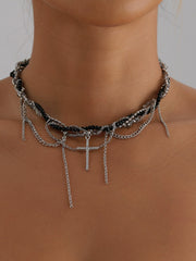 Cool Cross Multi-Layer Necklace Black and Silver Interwoven Chain Necklace