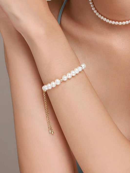 Freshwater Cultured Pearl Bracelet Near Circular Bracelet Length Adjustable Birthday Gift for Women 6-7mm