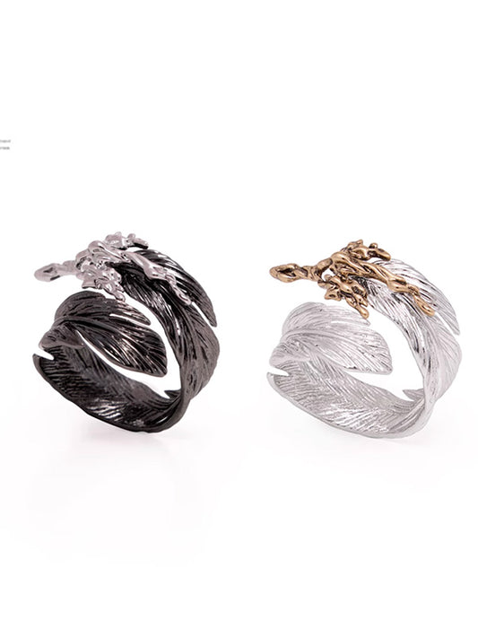 Hip Hop Cool Style Liquid Metal Black-White Feather Couple Rings Adjustable Opening