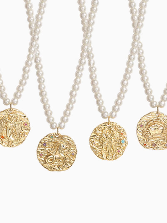 Twelve Constellations Gold Coin Pendant Pearl Necklace Light Luxury Niche Stacked Collarbone Neck Chain Private Customization
