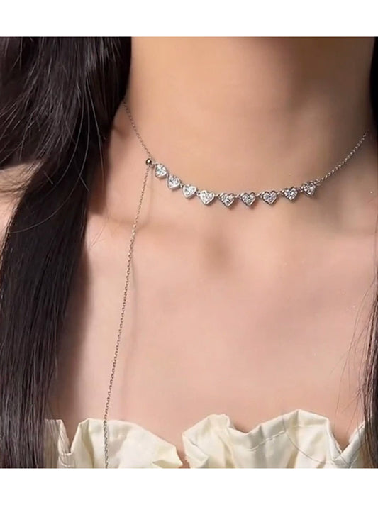 Nine-Heart Cubic Zirconia Collarbone Necklace with Adjustable Chain