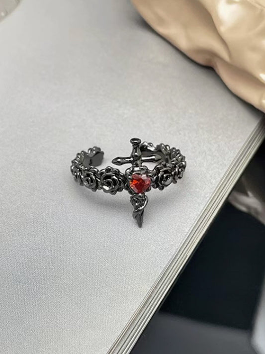 Gothic Dark Cross Couple Rings Adjustable Opening