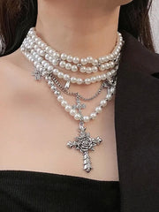 Vintage Pearl Cross Necklace Multilayer Pearl Cross