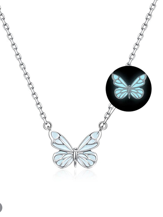 Night-Glow Butterfly Charm Necklace Blue Fantasy Glowing Butterfly Necklace&Ring&Bracelet Set