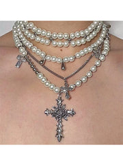 Vintage Pearl Cross Necklace Multilayer Pearl Cross