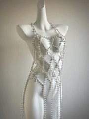 Round Dance Pearl Skirt Body Chain Pearl Chain Metal Vest Stage Dance Birthday Dress